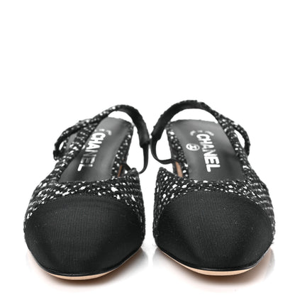 Chanel Tweed Grosgrain Cap Toe CC Slingback Pumps 36 Black White 2 of 7