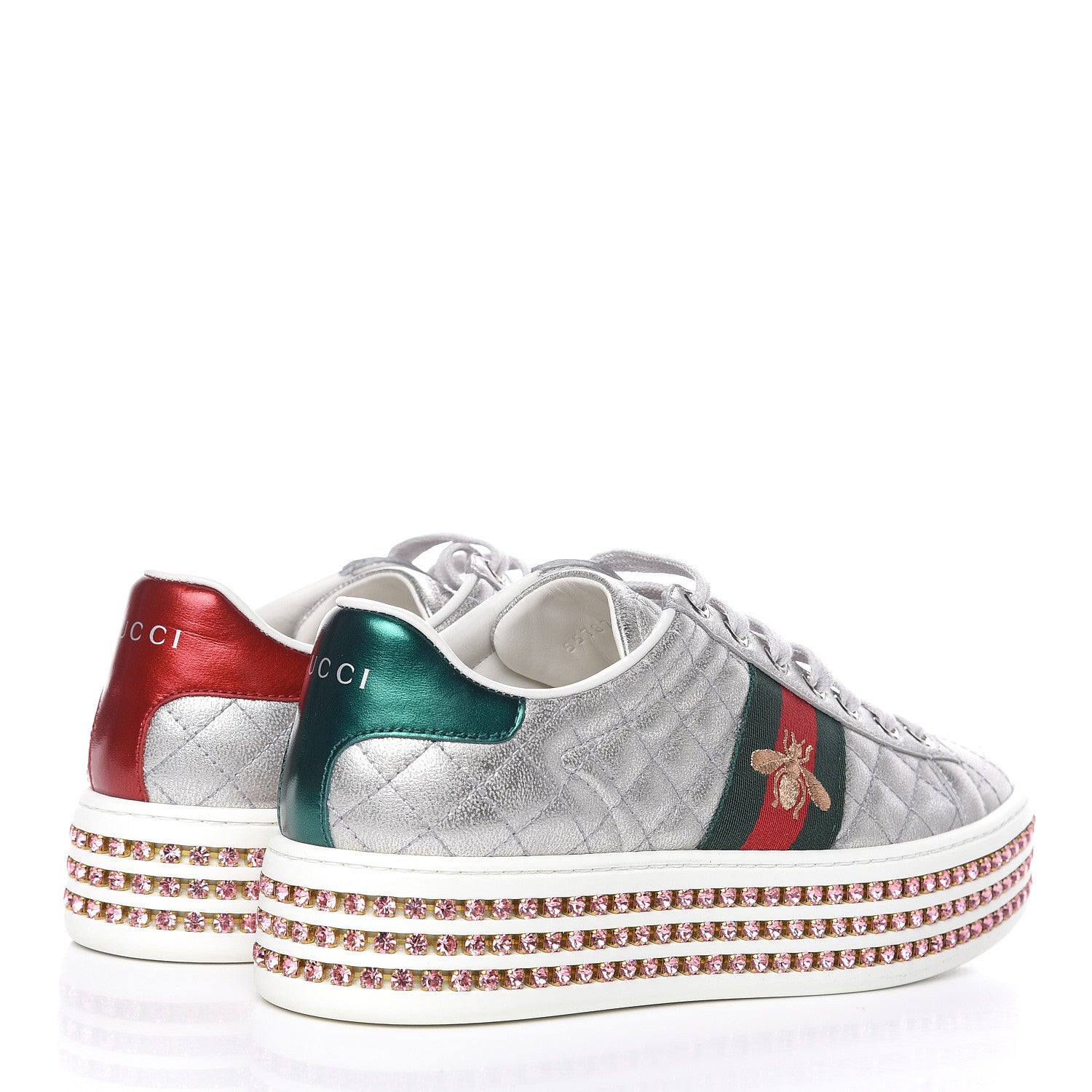 Gucci Laminated Nappa Crystal Web Bee Embroidered Trapuntata Womens Ace Platform Sneakers 37 Argento 4 of 9