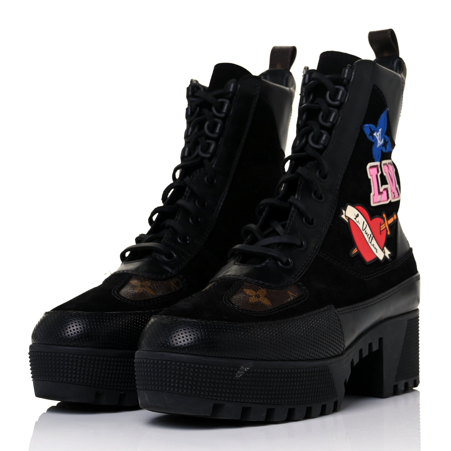 Suede Calfskin Monogram LV Black Heart Laureate Platform Desert Boots 39 Black