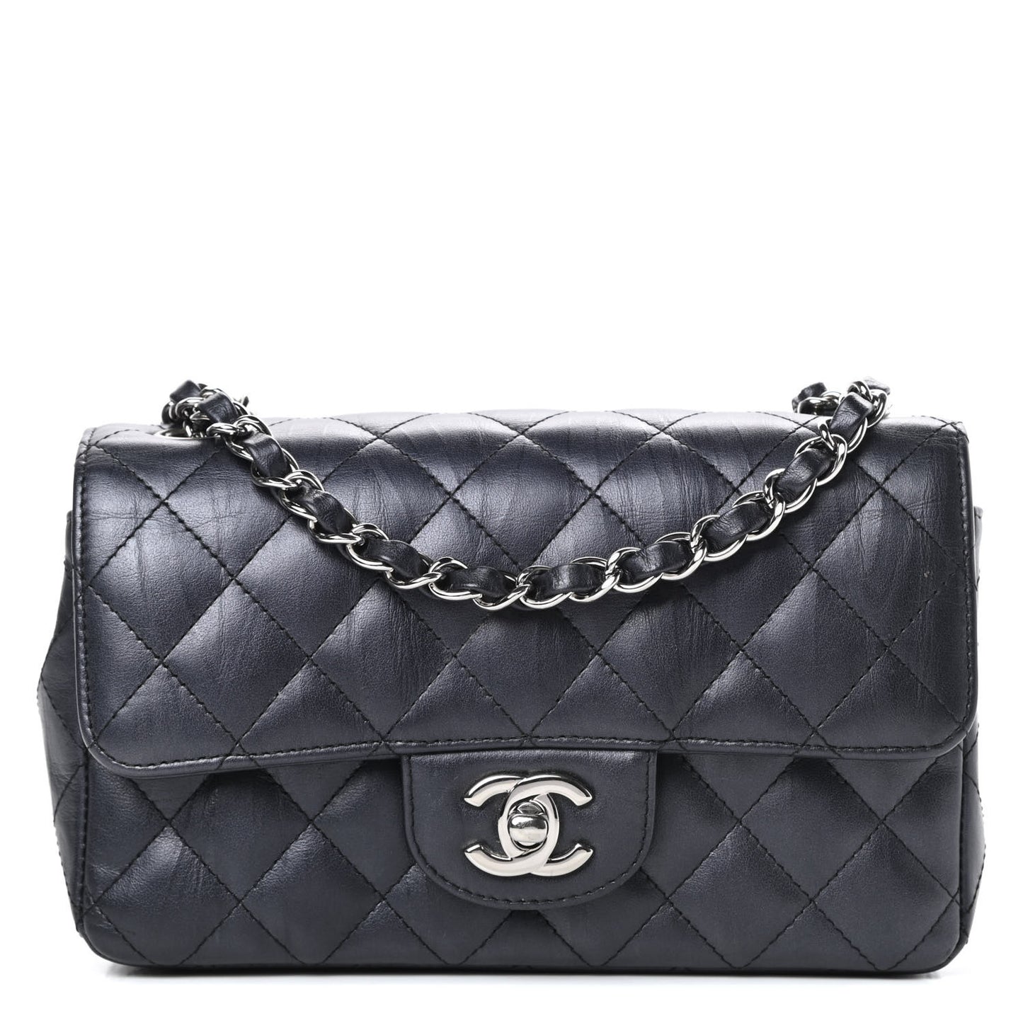 Iridescent Calfskin Quilted Mini Rectangular Flap Charcoal