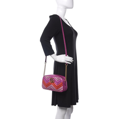 Gucci Laminated Nappa Matelasse Small GG Marmont Chain Shoulder Bag Fuxia Rosso Rosa 2 of 11