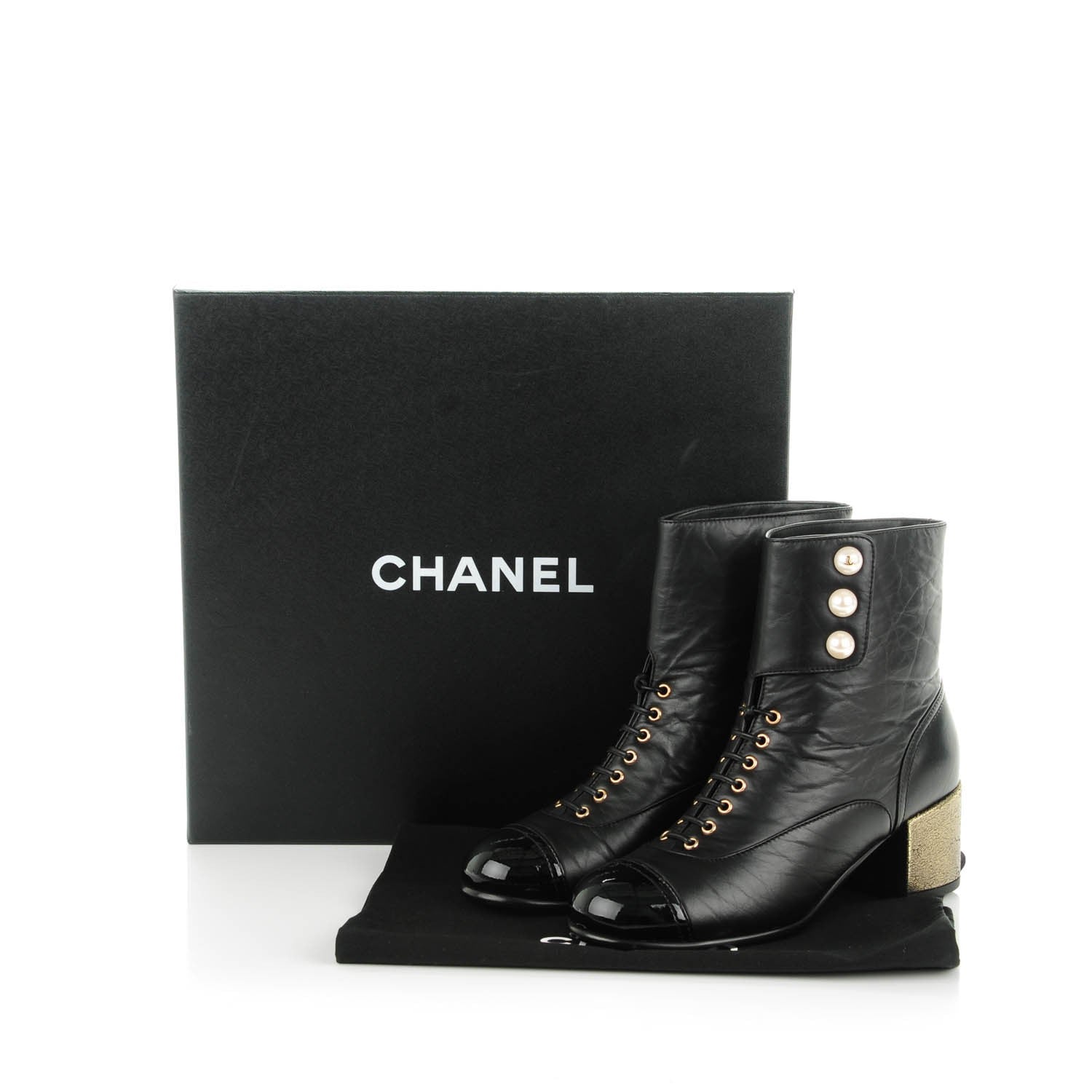 Chanel Calfskin Patent Pearl Short Boots 36 Black Gold 7 of 7