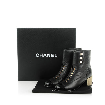 Chanel Calfskin Patent Pearl Short Boots 36 Black Gold 7 of 7