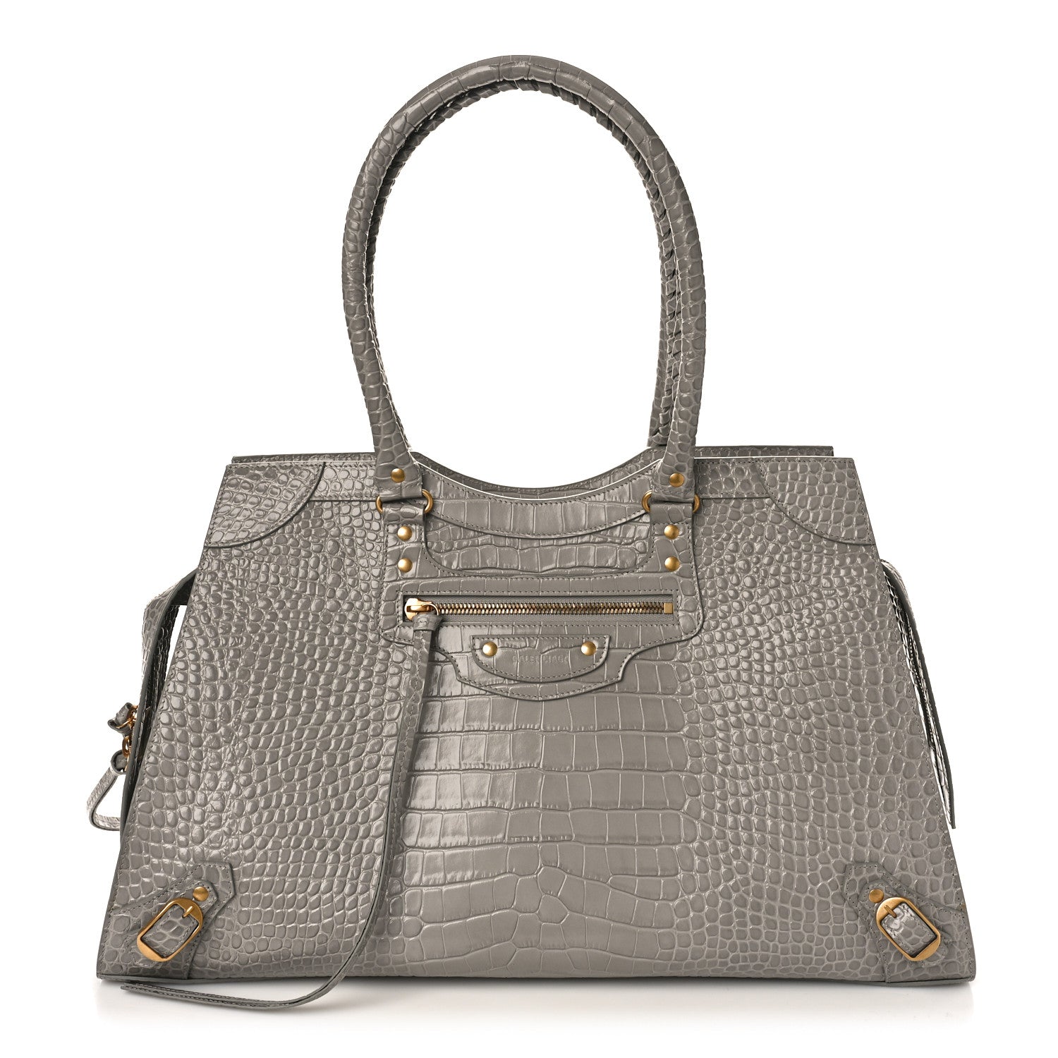 Balenciaga Semi Matte Calfskin Crocodile Embossed Neo Classic Gold Hardware Large Top Handle Bag Steel Grey 1 of 8