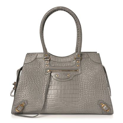 Balenciaga Semi Matte Calfskin Crocodile Embossed Neo Classic Gold Hardware Large Top Handle Bag Steel Grey 1 of 8