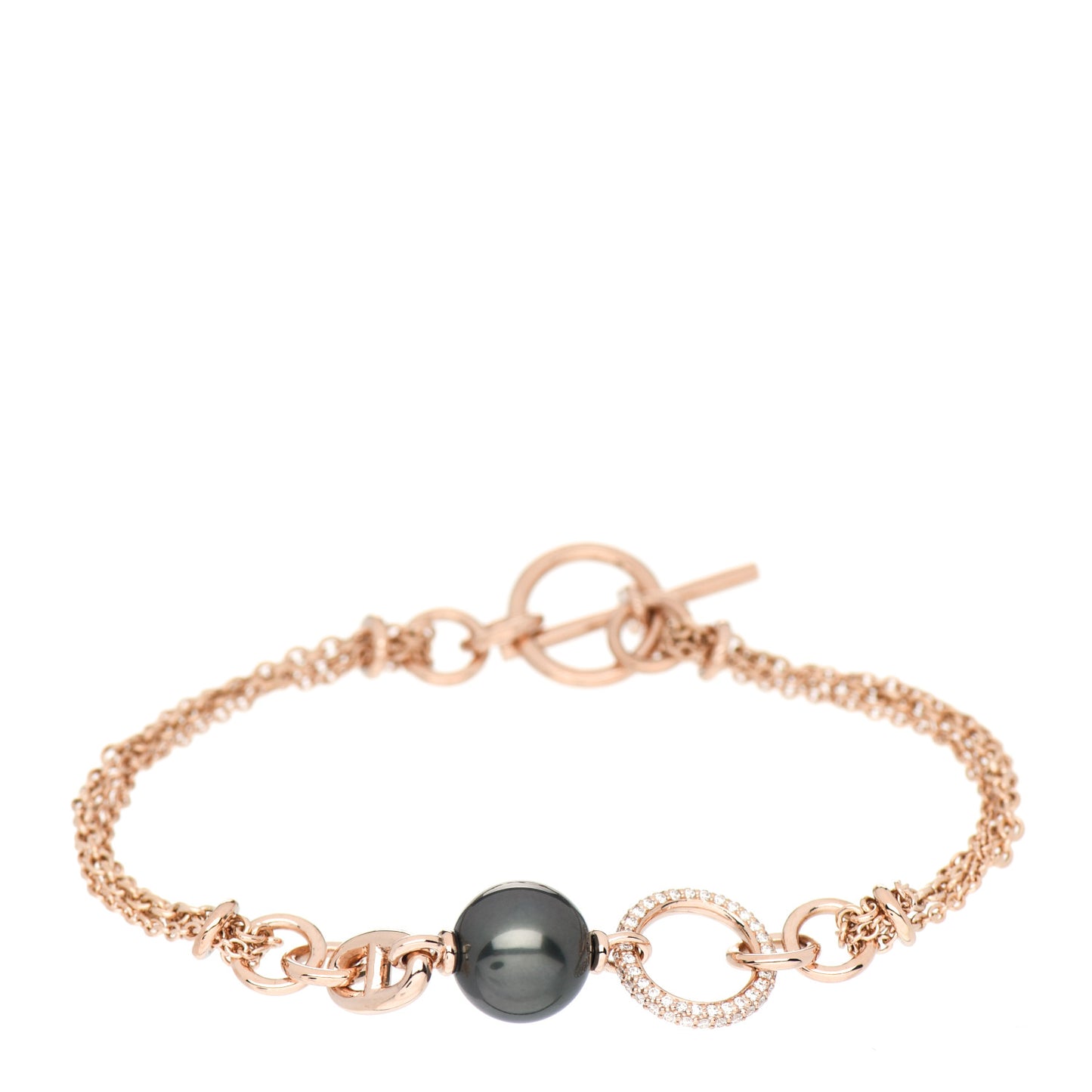 18K Rose Gold Diamond Black Tahitian Pearl Albertine Bracelet SH