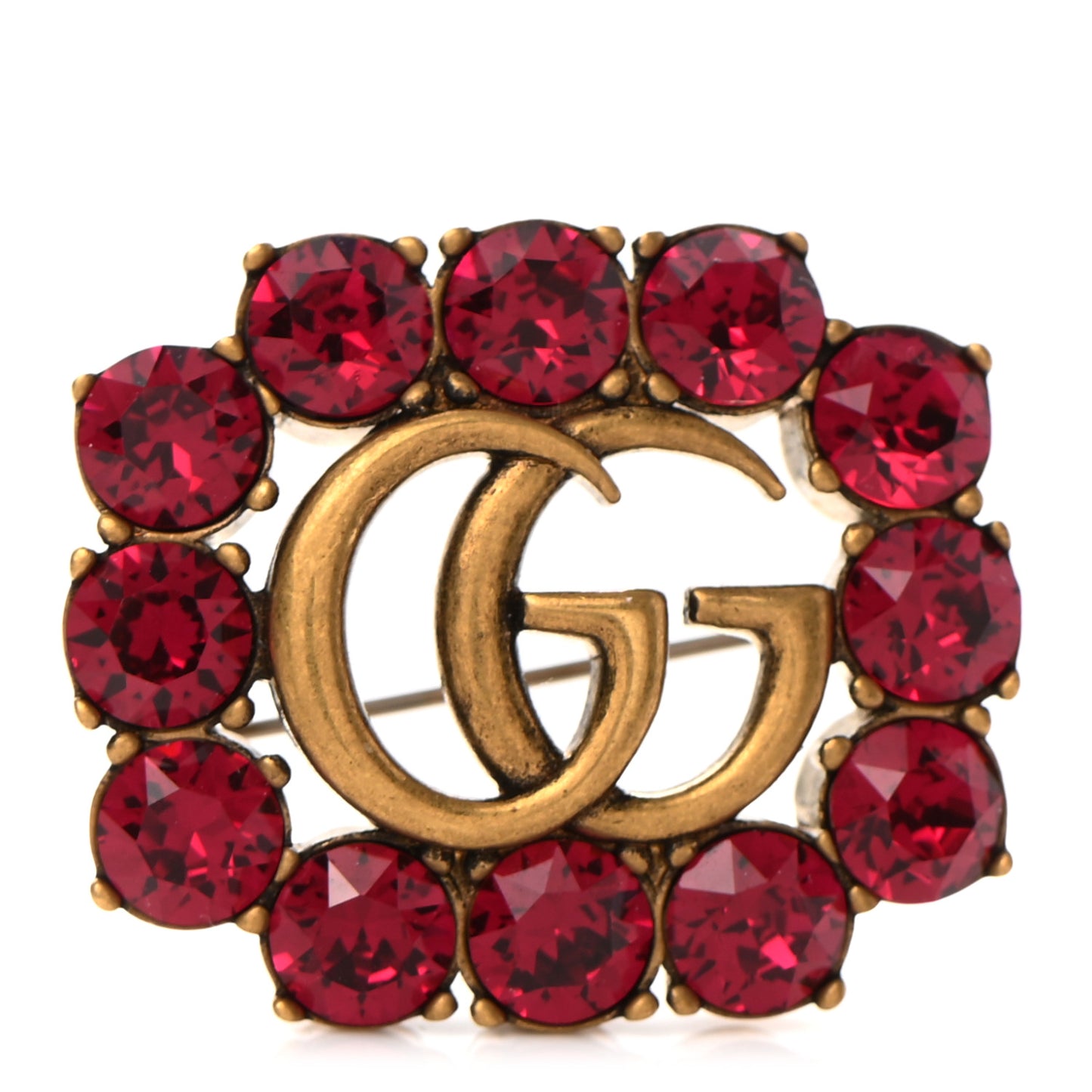Metal Crystal Double G Brooch Aged Gold Red