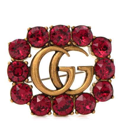 Gucci Metal Crystal Double G Brooch Aged Gold Red 1 of 5