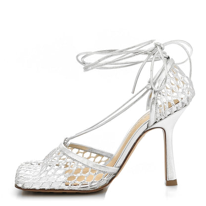 Bottega Veneta Mesh Metallic Nappa Stretch Ankle Tie Sandals 35 Silver 1 of 8