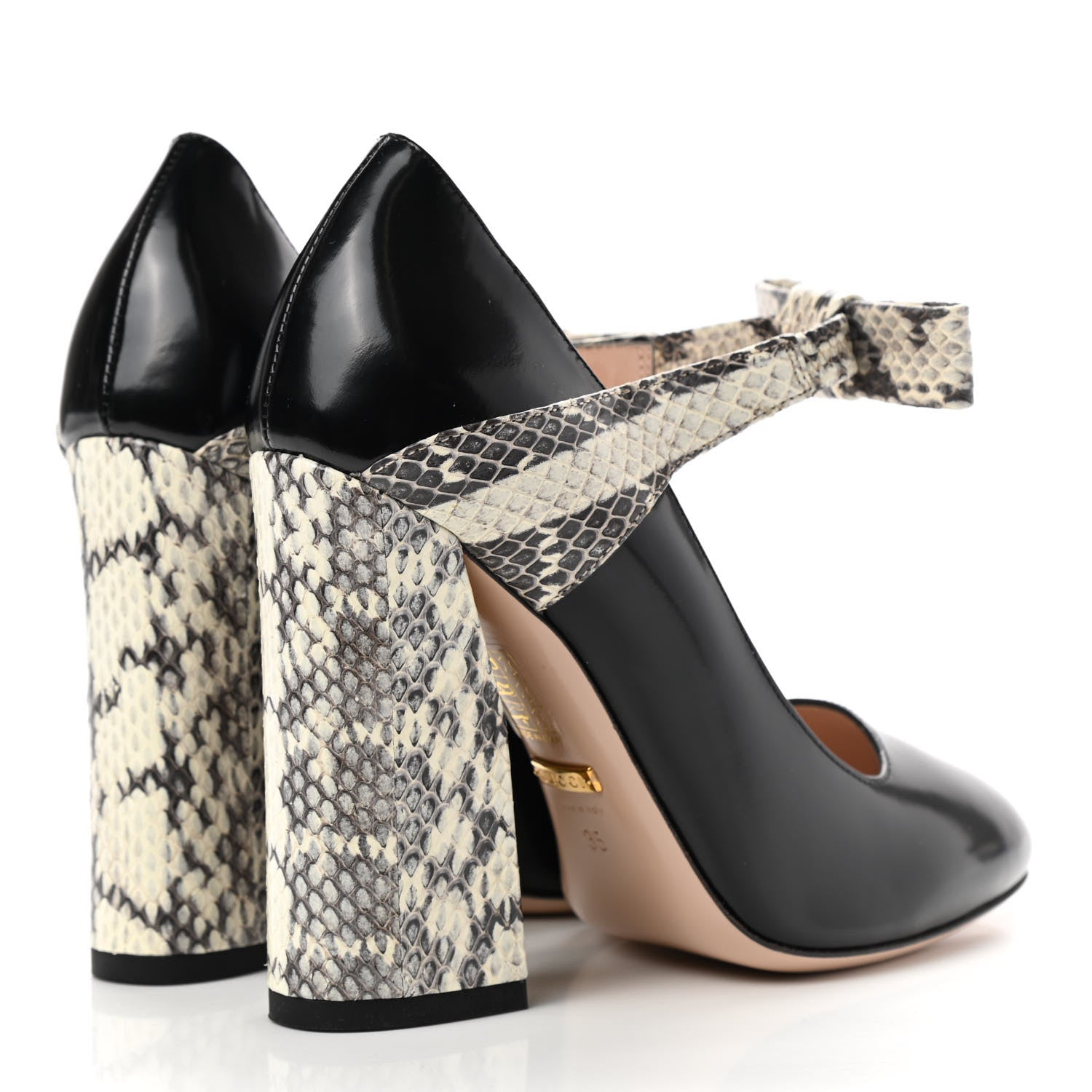Gucci Polished Calfskin Elaphe Nimue Bow Mary Jane Pumps 35 Black Roccia 4 of 8