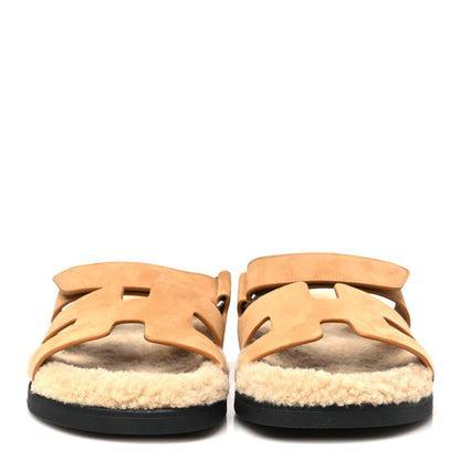 Hermes Suede Goatskin Woolskin Womens Chypre Sandals 39 Golden Beige 3 of 10