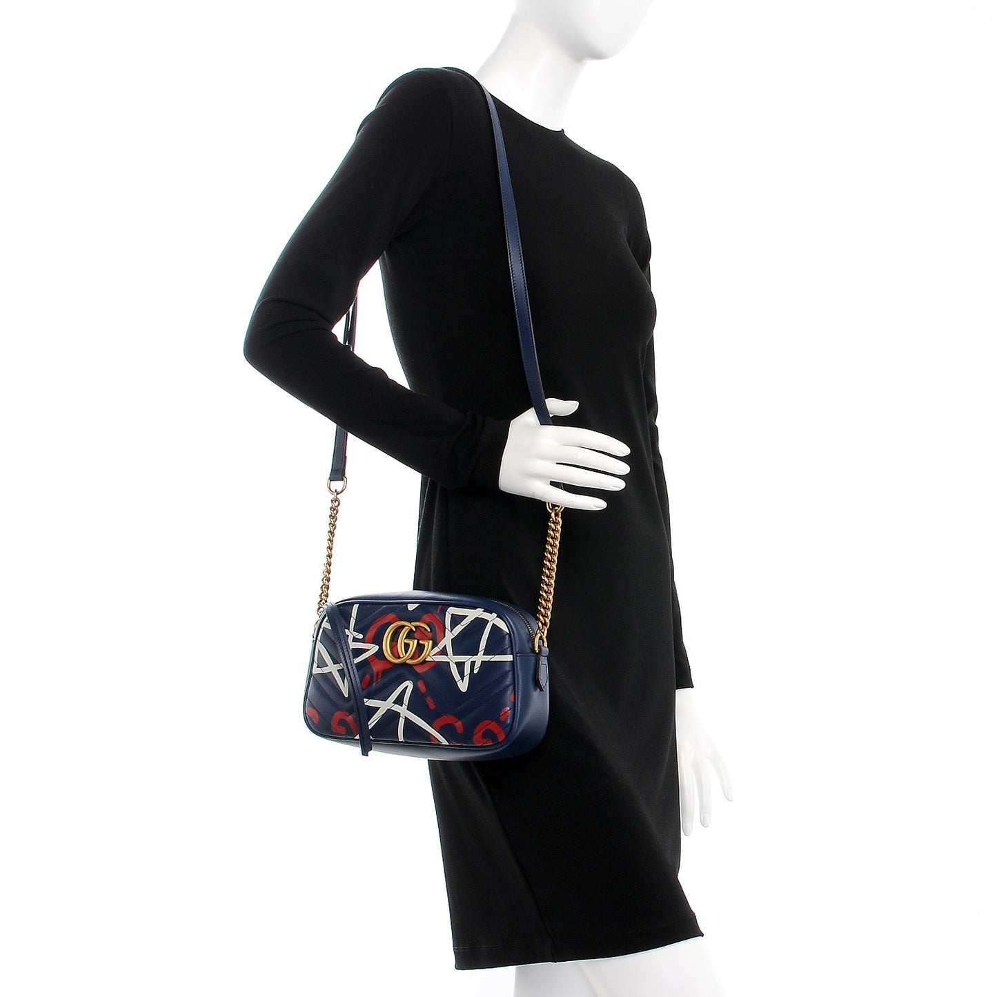 Calfskin Matelasse GucciGhost Small GG Marmont Chain Shoulder Bag Blue Agata Hibiscus Red