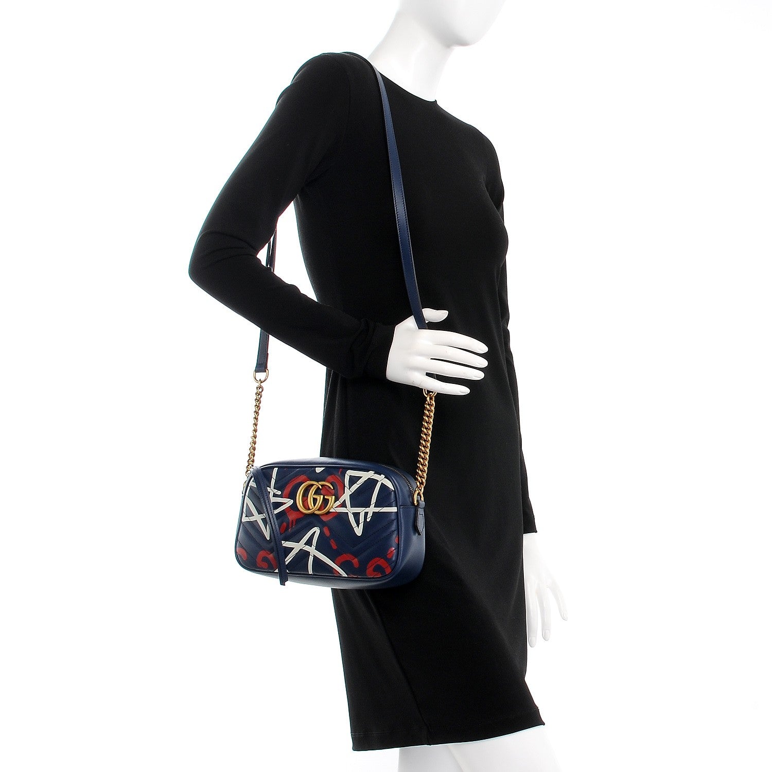 Gucci Calfskin Matelasse GucciGhost Small GG Marmont Chain Shoulder Bag Blue Agata Hibiscus Red 2 of 8