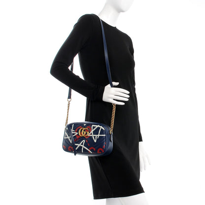 Gucci Calfskin Matelasse GucciGhost Small GG Marmont Chain Shoulder Bag Blue Agata Hibiscus Red 2 of 8