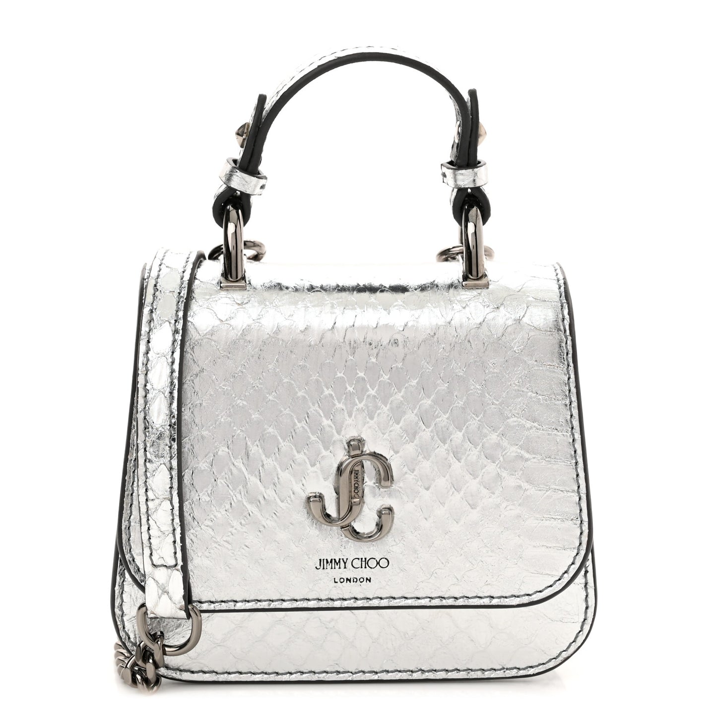 Metallic Calfskin Snakeskin Embossed Varenne Top Handle Satchel Silver