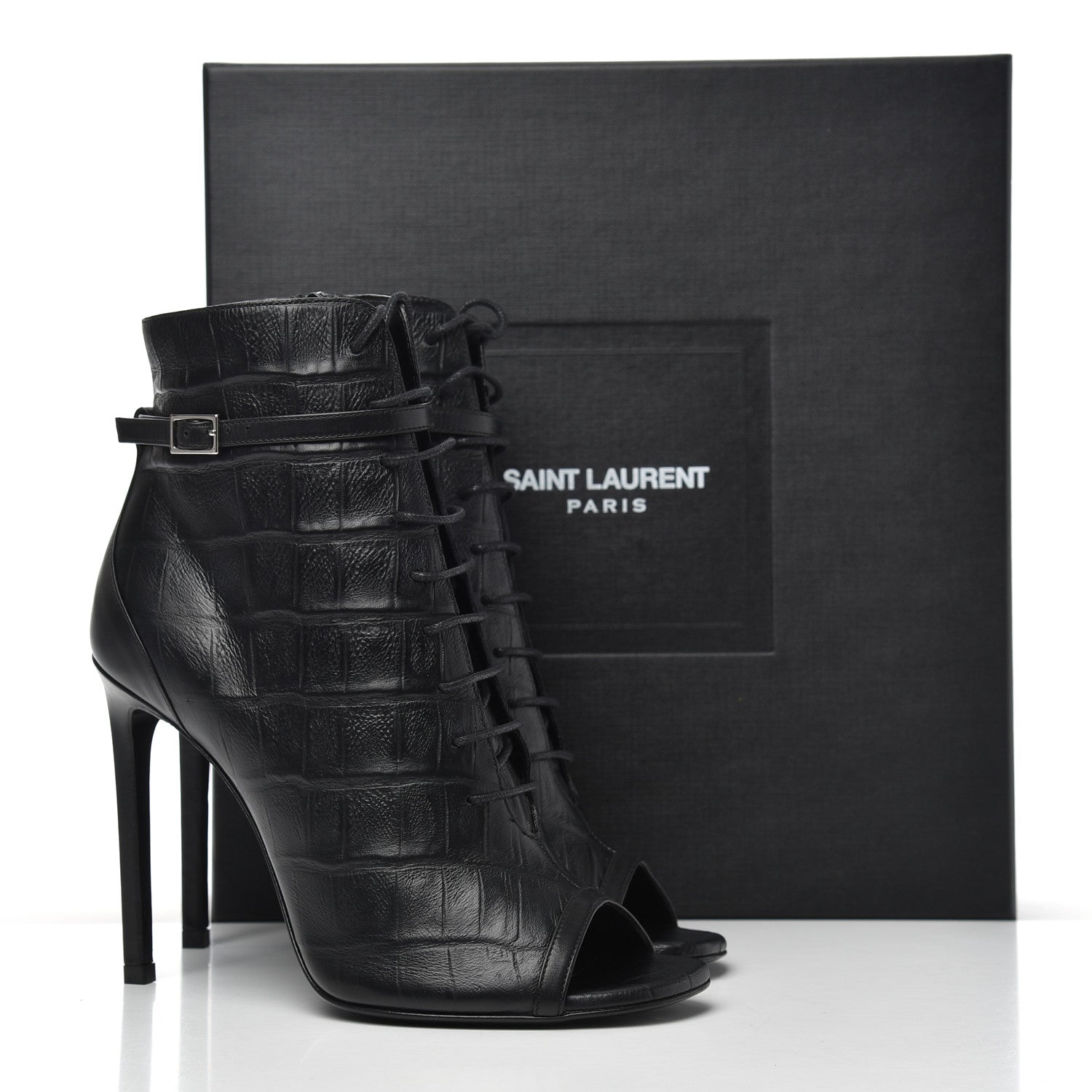 Saint Laurent Calfskin Fake Cocco Jane 105 Peep Toe Ankle Boots 38 Black 11 of 11