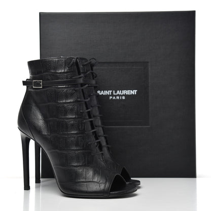 Saint Laurent Calfskin Fake Cocco Jane 105 Peep Toe Ankle Boots 38 Black 11 of 11