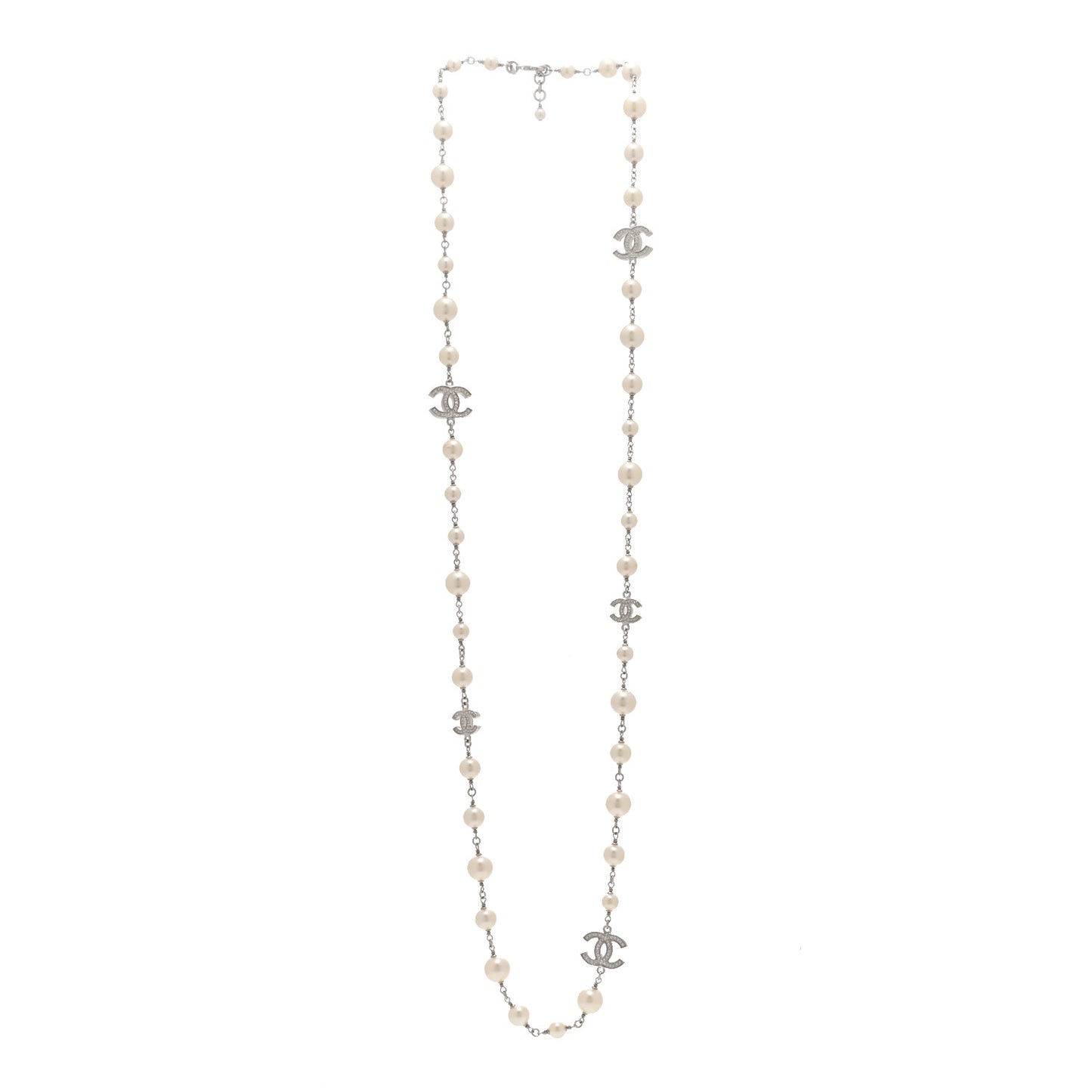 Crystal Pearl CC Long Necklace Silver