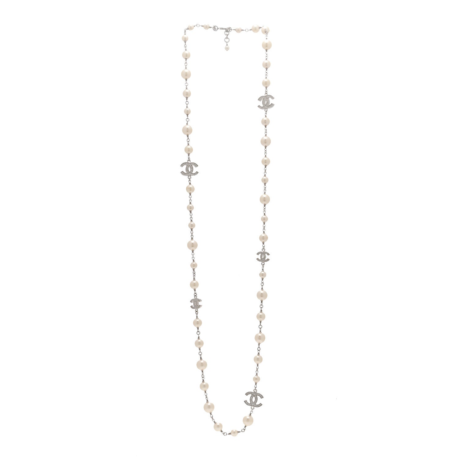 Chanel Crystal Pearl CC Long Necklace Silver 3 of 5