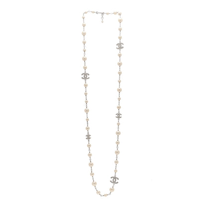 Chanel Crystal Pearl CC Long Necklace Silver 3 of 5