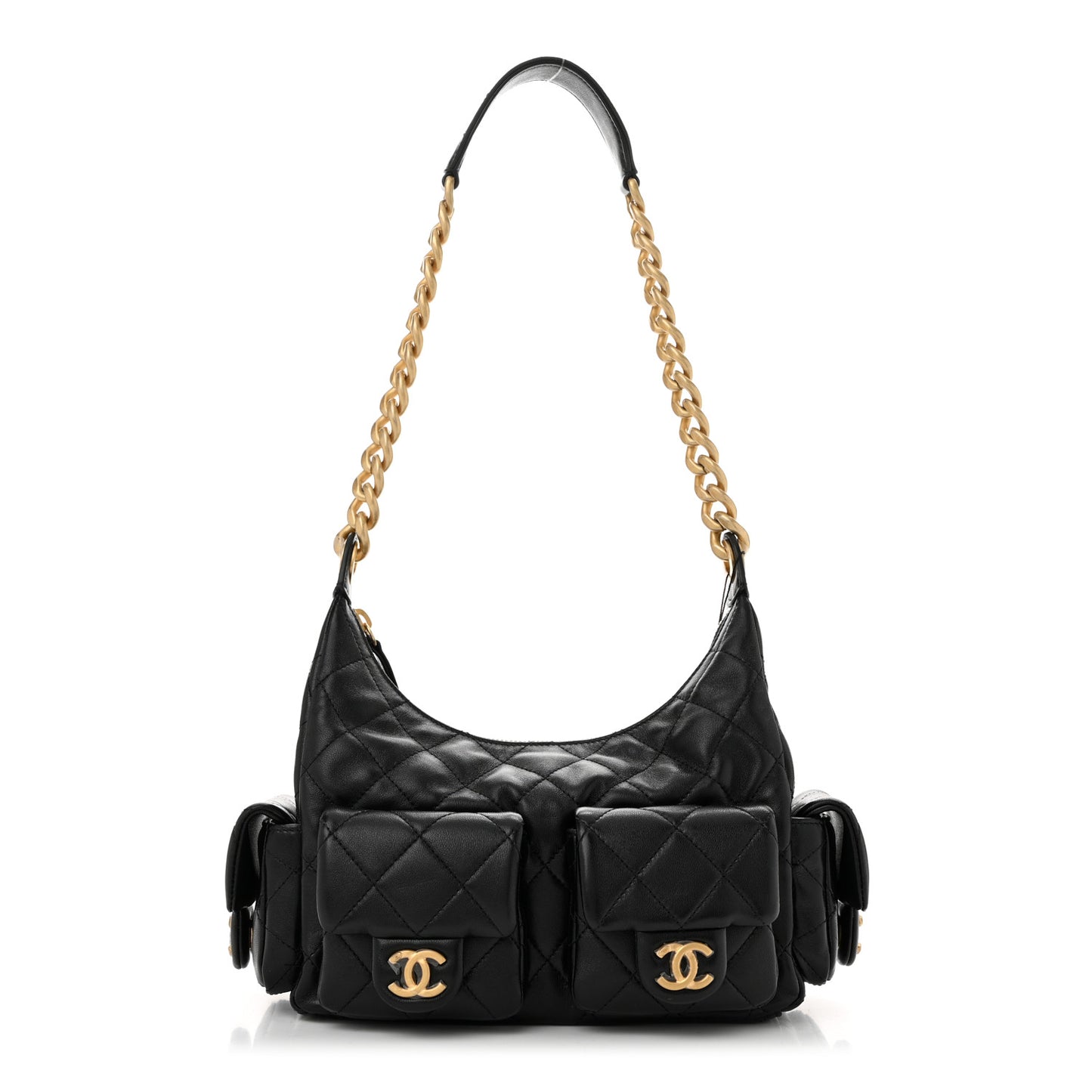 Shiny Lambskin Quilted Trendy Pockets Hobo Black
