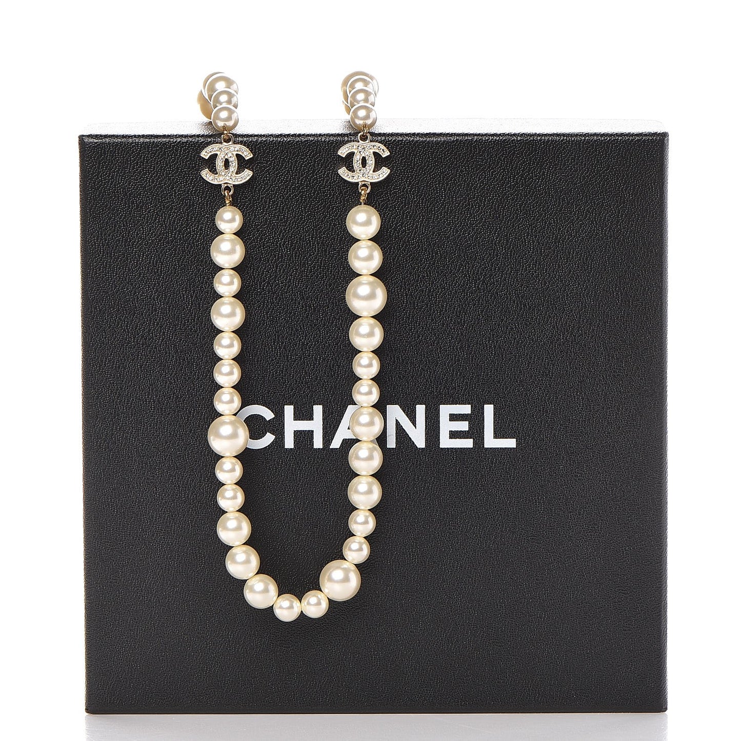Graduated Pearl Crystal CC Long Necklace Light Gold