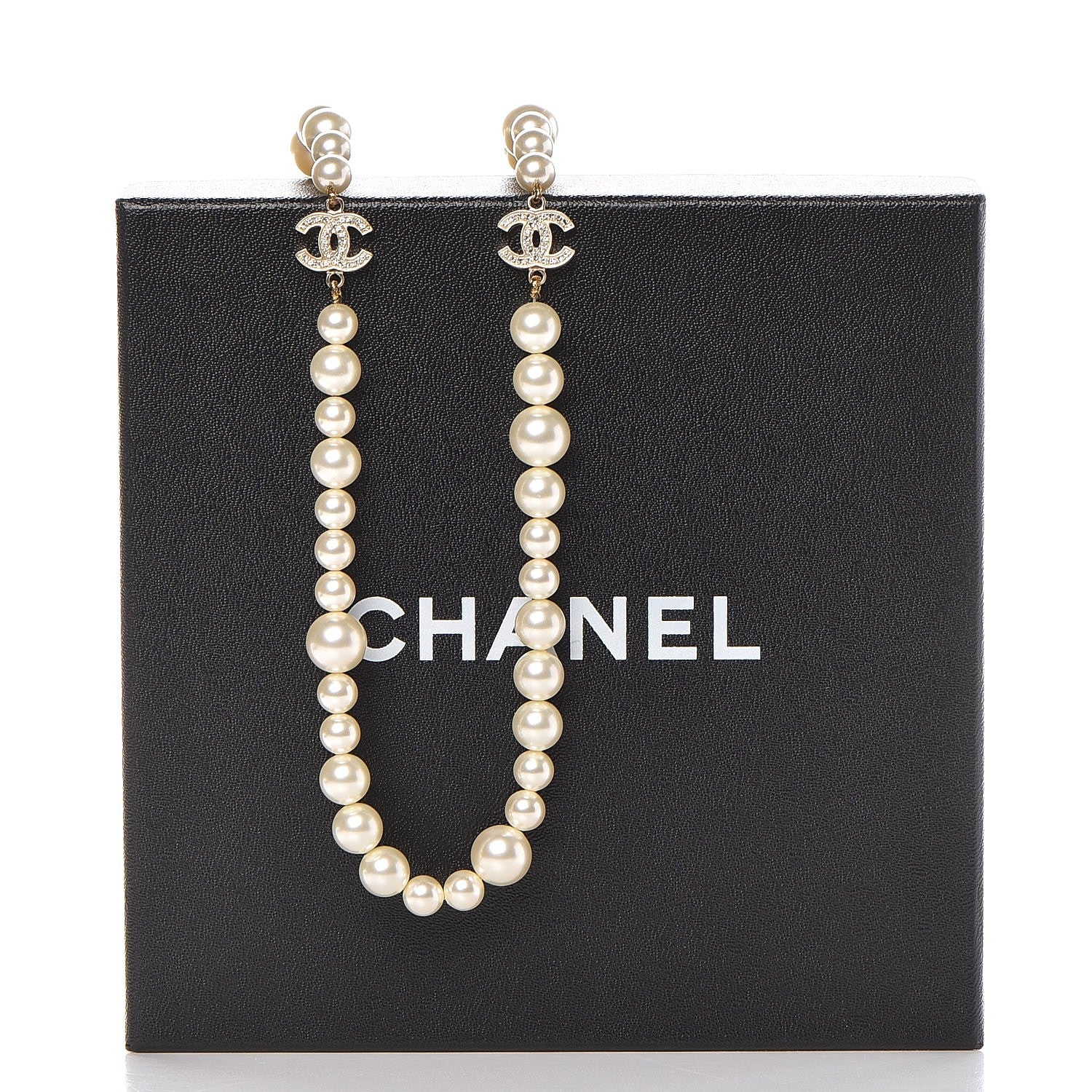 Chanel Graduated Pearl Crystal CC Long Necklace Light Gold 5 of 5