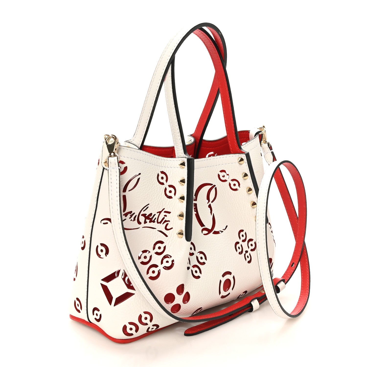Christian Louboutin Calfskin Loubinthesky Mini Perforated Cabarock Spikes Tote White 3 of 10