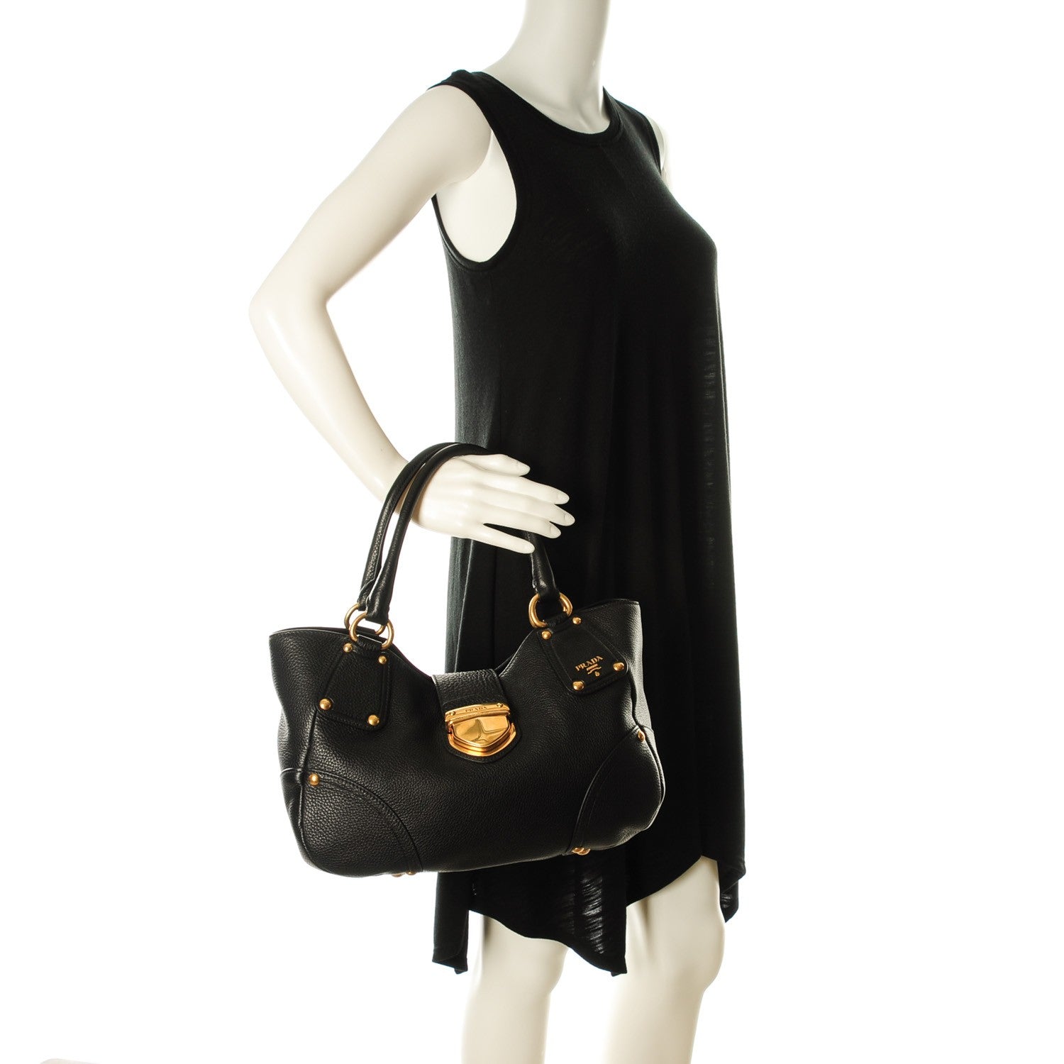 Prada Vitello Daino Pushlock Tote Black 2 of 8