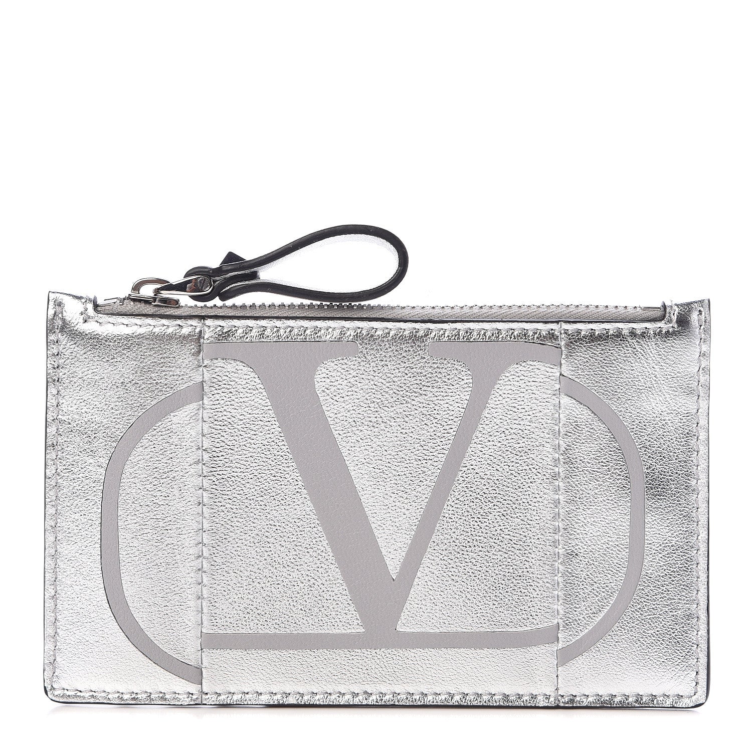 Valentino Garavani Metallic Calfskin Go Logo Coin Case Card Holder Silver 1 of 8
