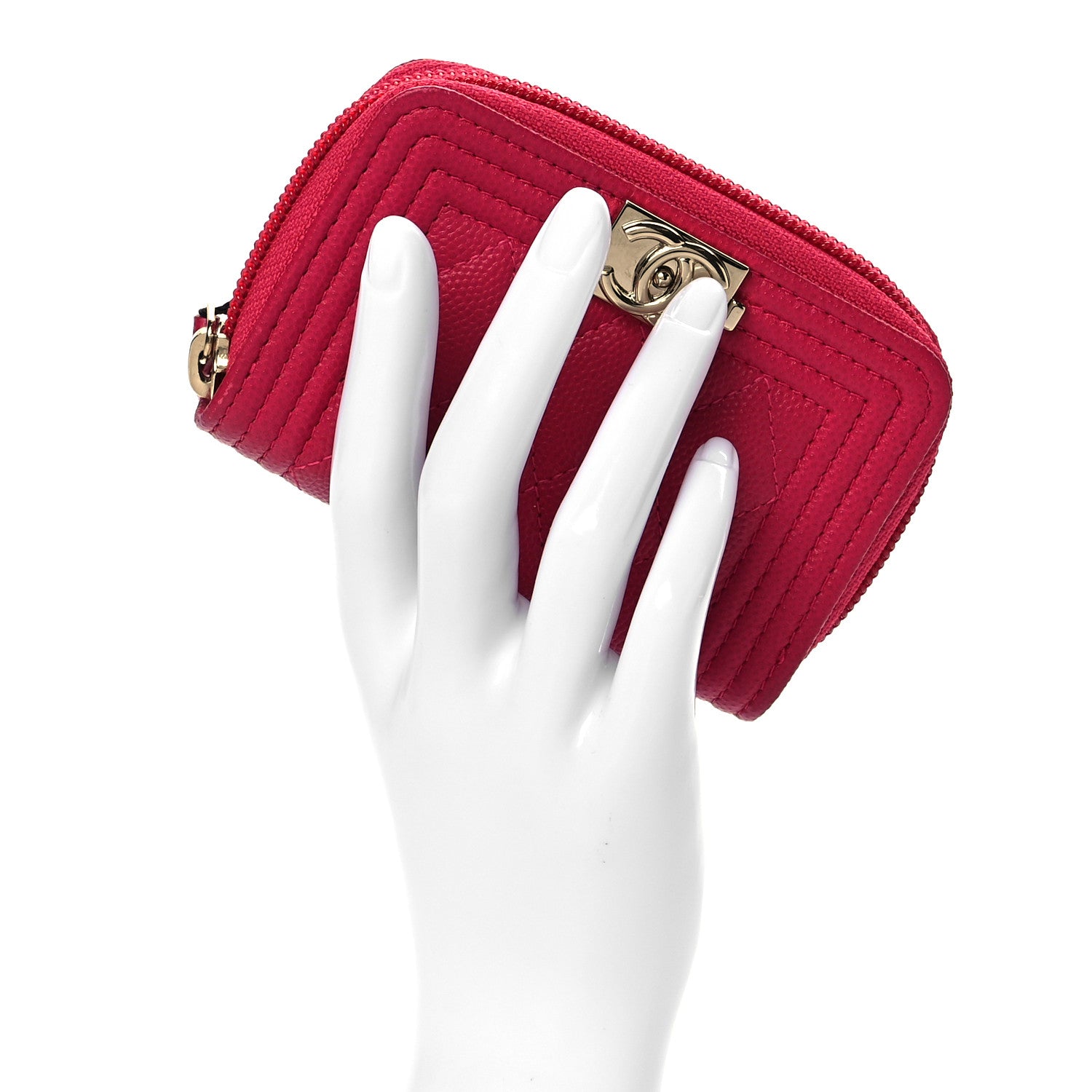 Chanel Caviar Quilted Boy Zip Around Coin Purse Wallet Dark Pink 2 of 9