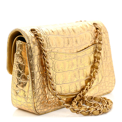 Chanel Metallic Calfskin Crocodile Embossed Cocodile Small Double Flap Gold 3 of 10