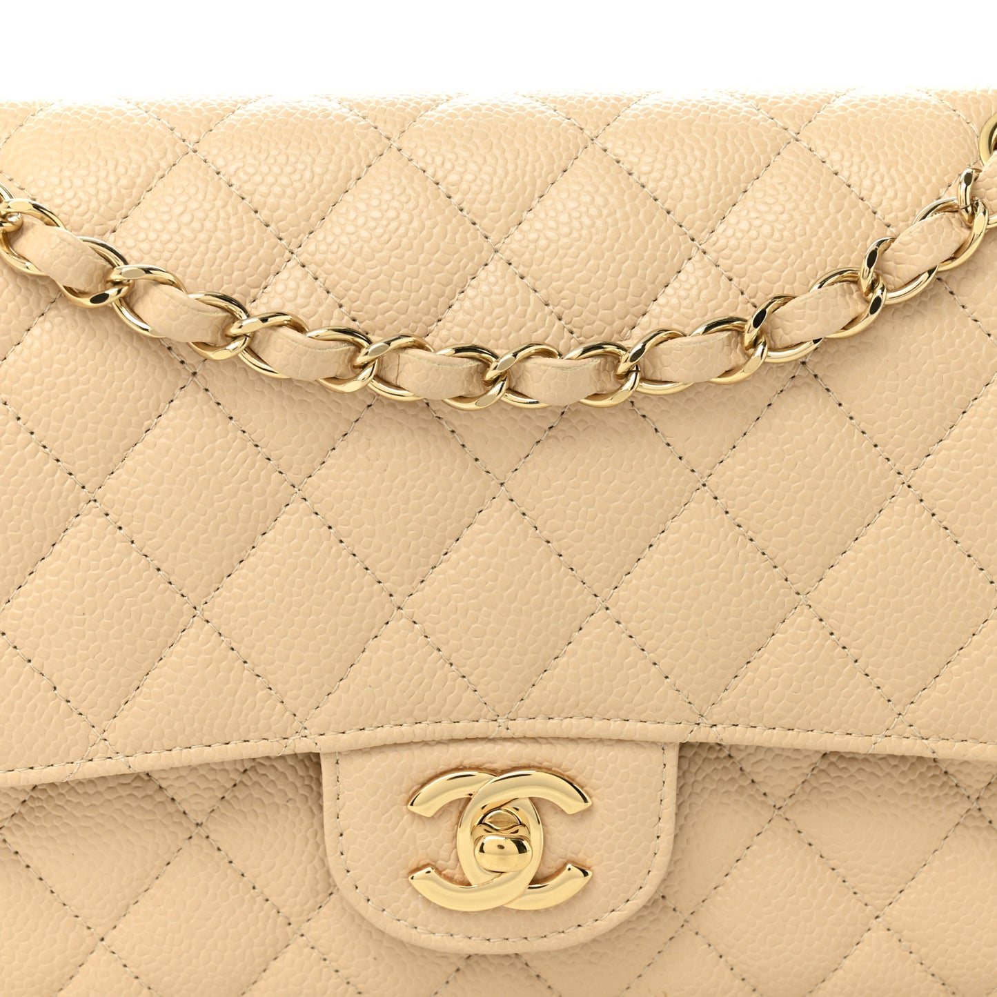 Caviar Quilted Medium Double Flap Beige
