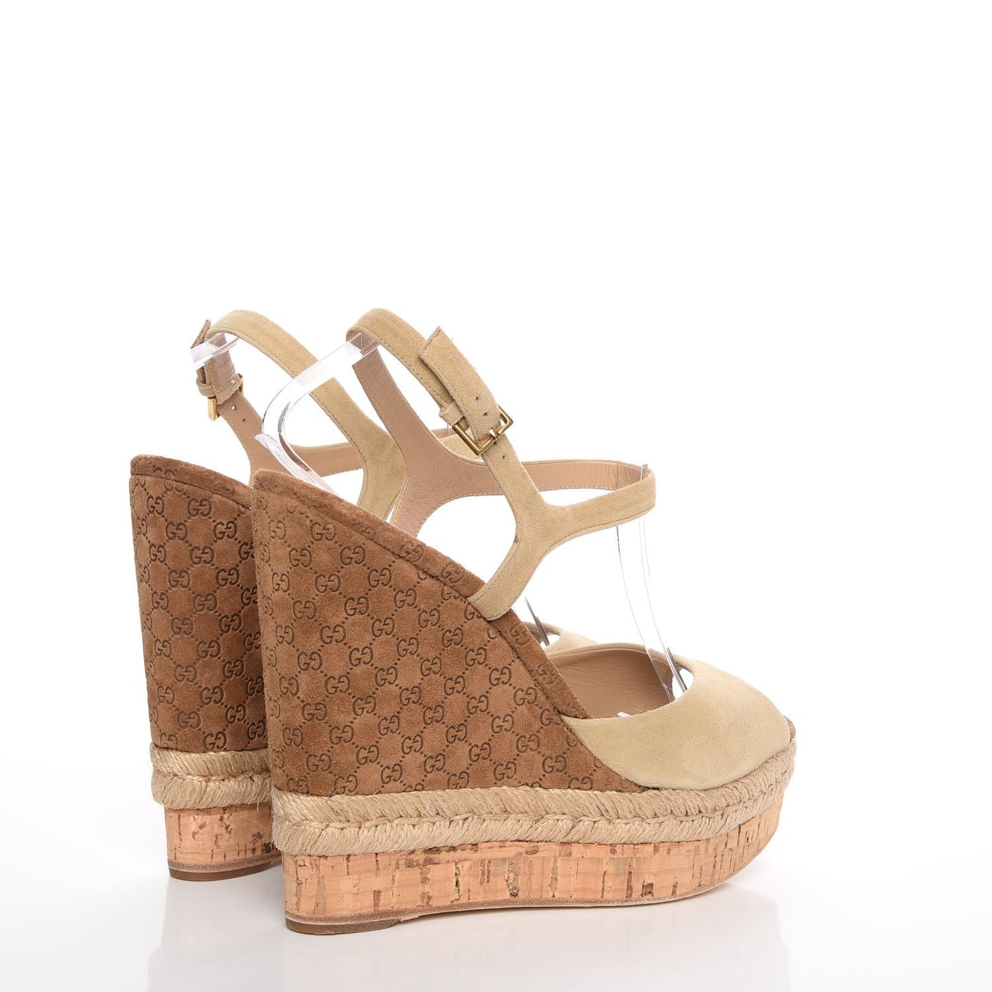 Suede Cork Guccissima Hollie Wedge Sandals 38.5 Nude