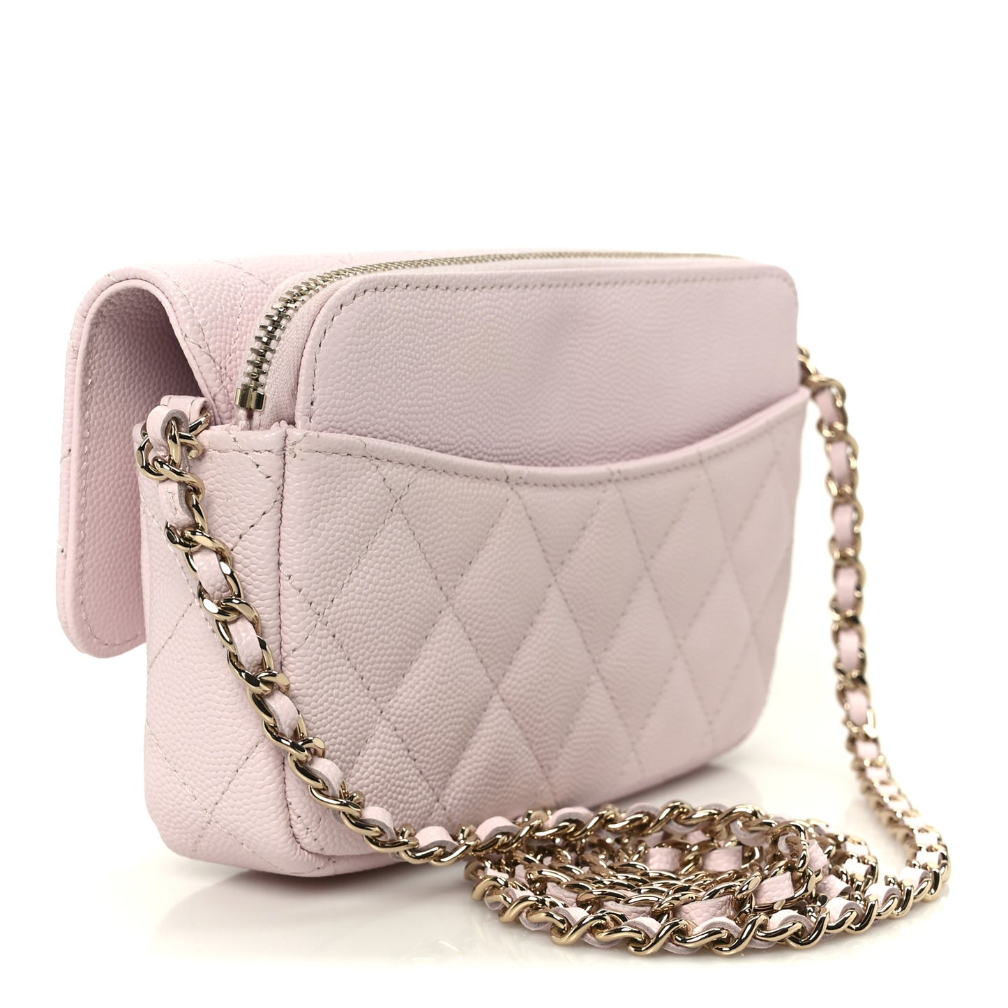 Caviar Quilted Flap Phone Holder With Chain Light Pink