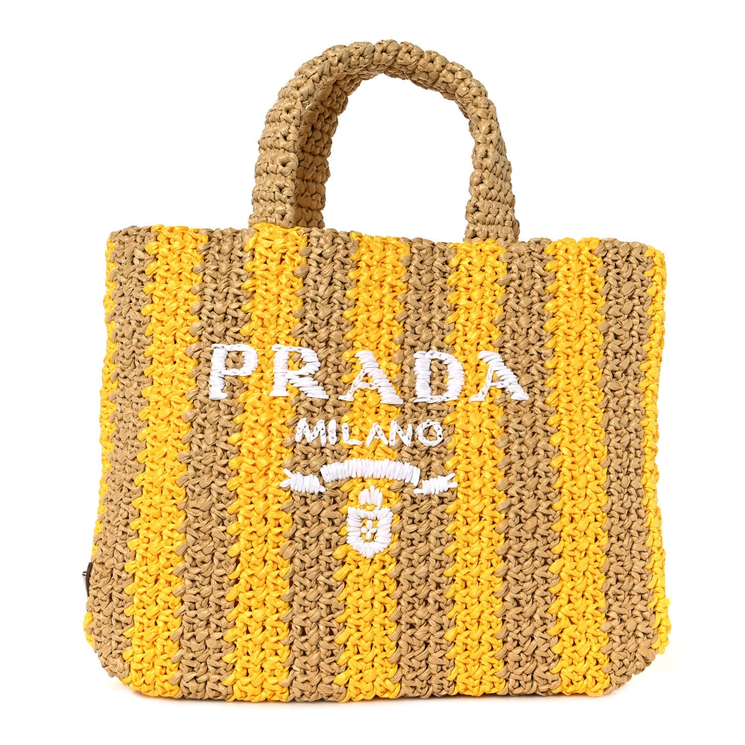 Prada Yarn Raffia Effect Crochet Striped Small Logo Tote Naturale Giallo 1 of 8
