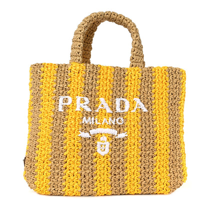Prada Yarn Raffia Effect Crochet Striped Small Logo Tote Naturale Giallo 1 of 8