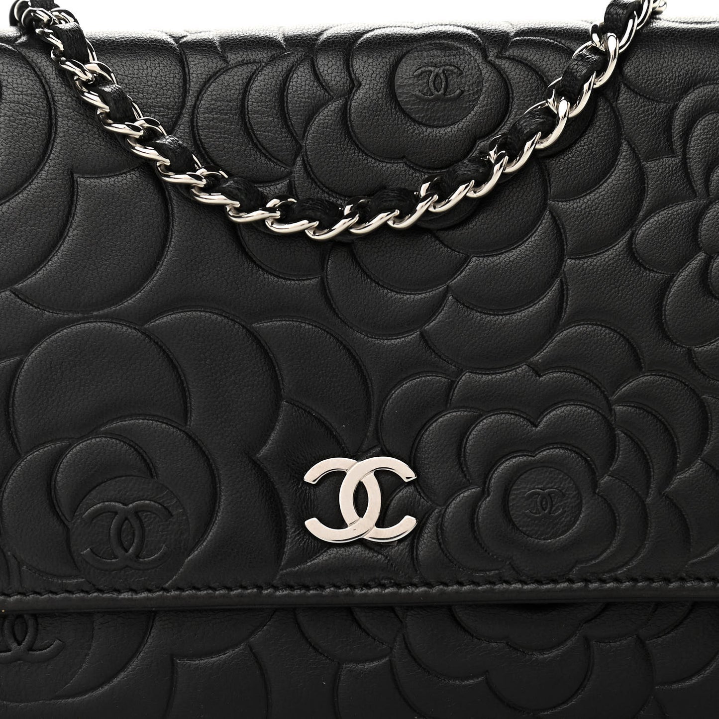 Lambskin Camellia Embossed Wallet on Chain WOC Black