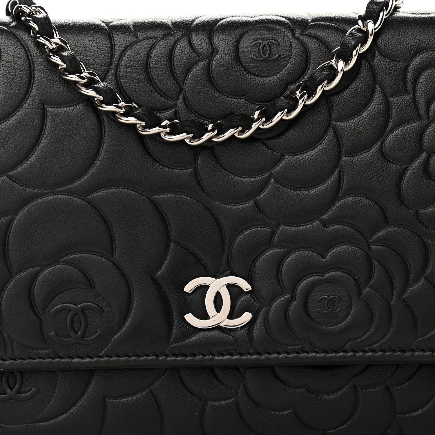 Chanel Lambskin Camellia Embossed Wallet on Chain WOC Black 9 of 11