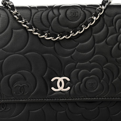 Chanel Lambskin Camellia Embossed Wallet on Chain WOC Black 9 of 11