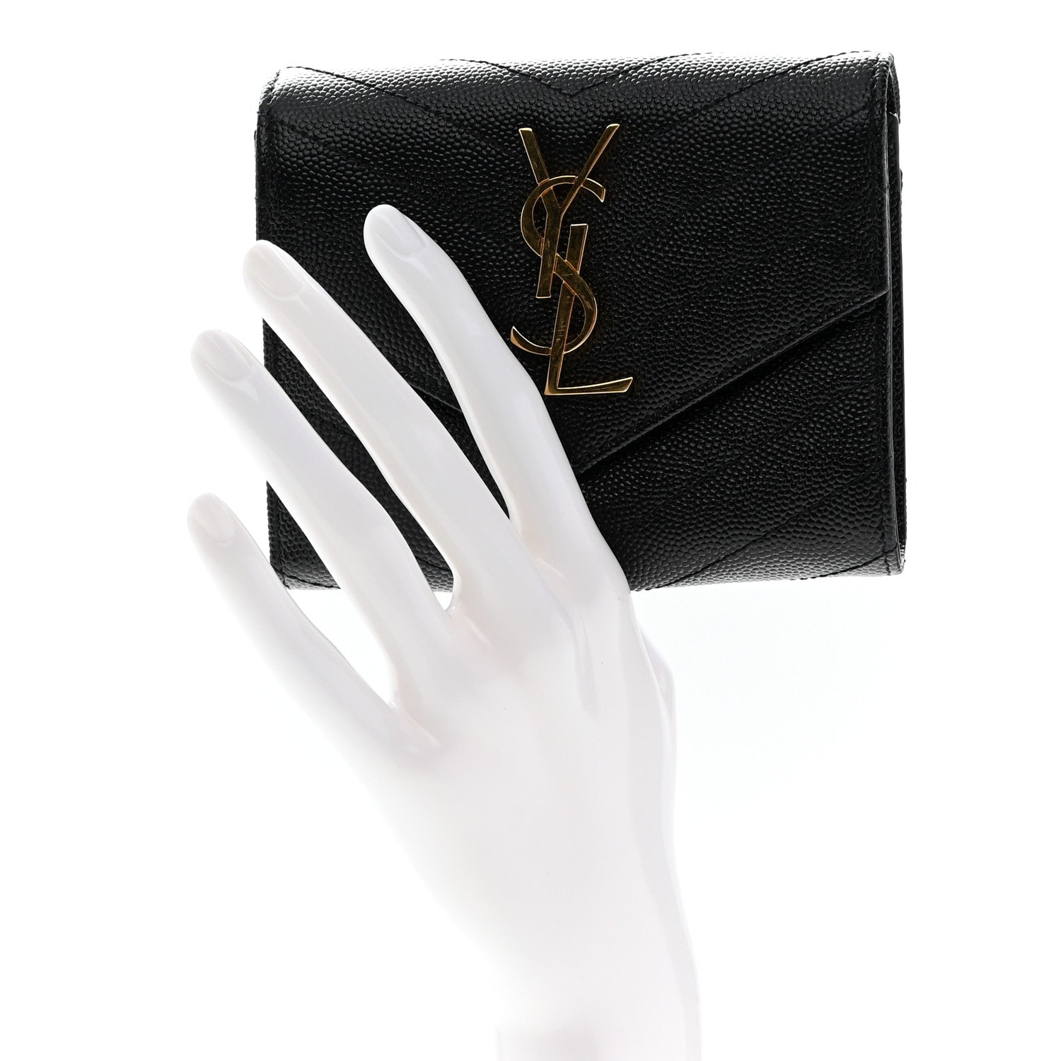 Saint Laurent Grain De Poudre Matelasse Chevron Monogram Compact Tri Fold Wallet Black 2 of 8