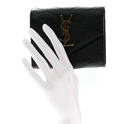 Saint Laurent Grain De Poudre Matelasse Chevron Monogram Compact Tri Fold Wallet Black 2 of 8