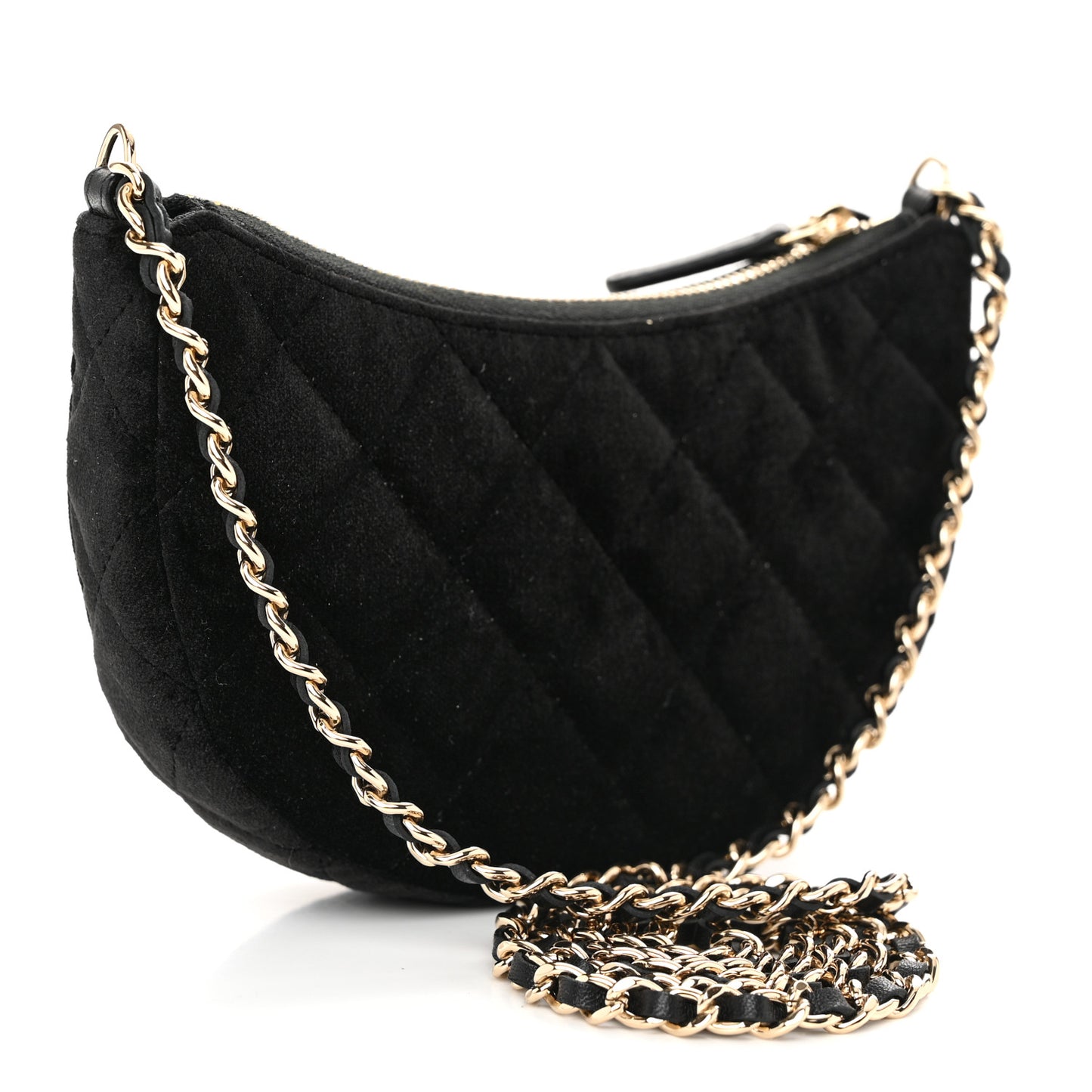 Velvet Crystal Quilted Chain Hobo Black