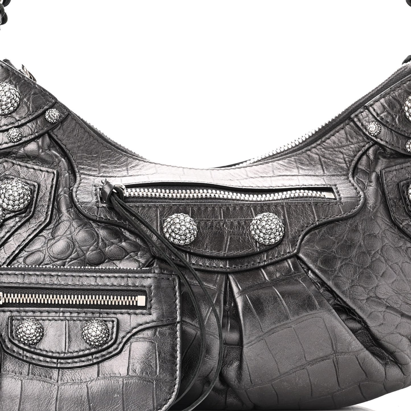 Metallic Calfskin Crocodile Embossed Crystal Small Le Cagole Shoulder Bag Gunmetal