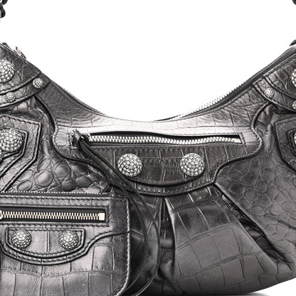 Balenciaga Metallic Calfskin Crocodile Embossed Crystal Small Le Cagole Shoulder Bag Gunmetal 8 of 19