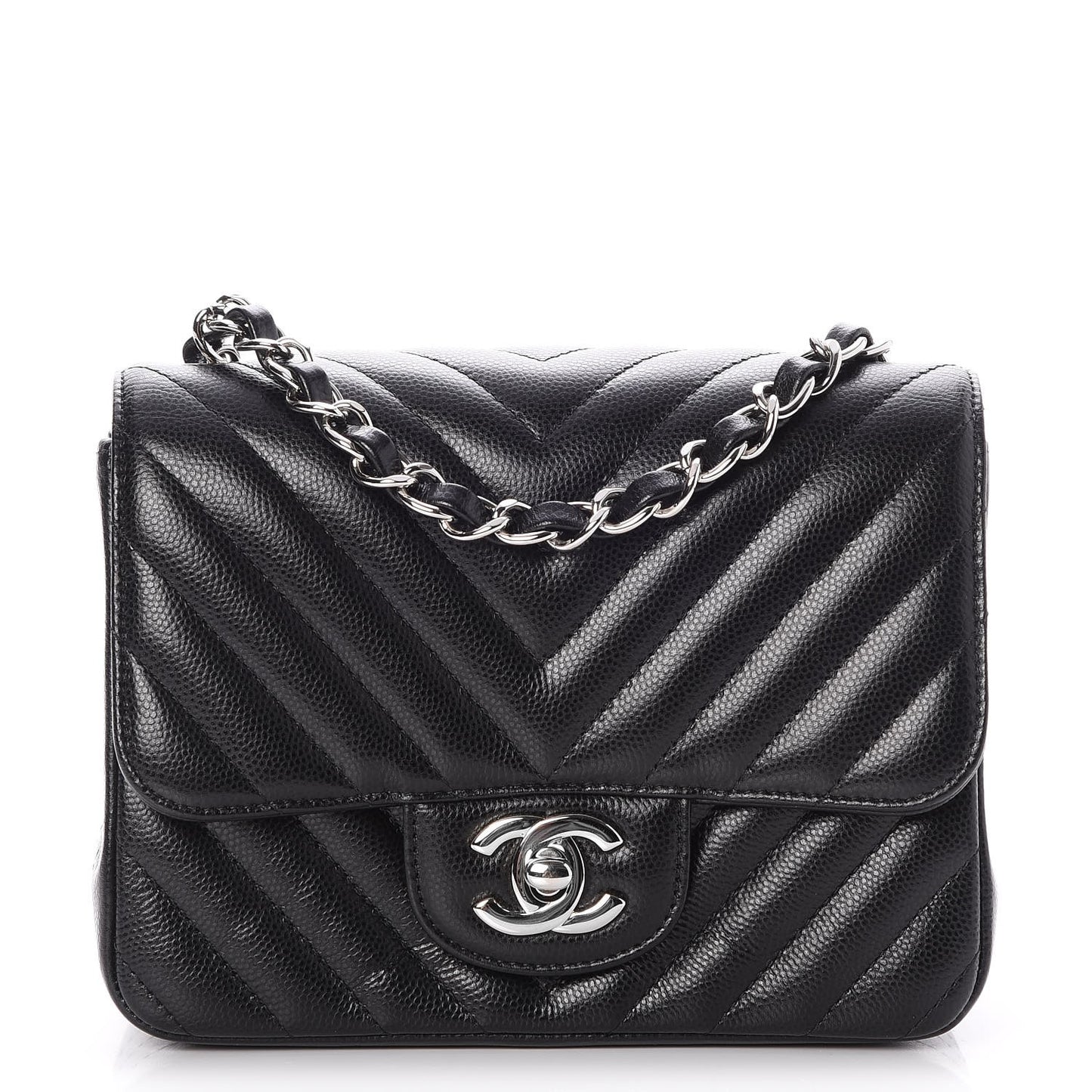 Caviar Chevron Quilted Mini Square Flap Black