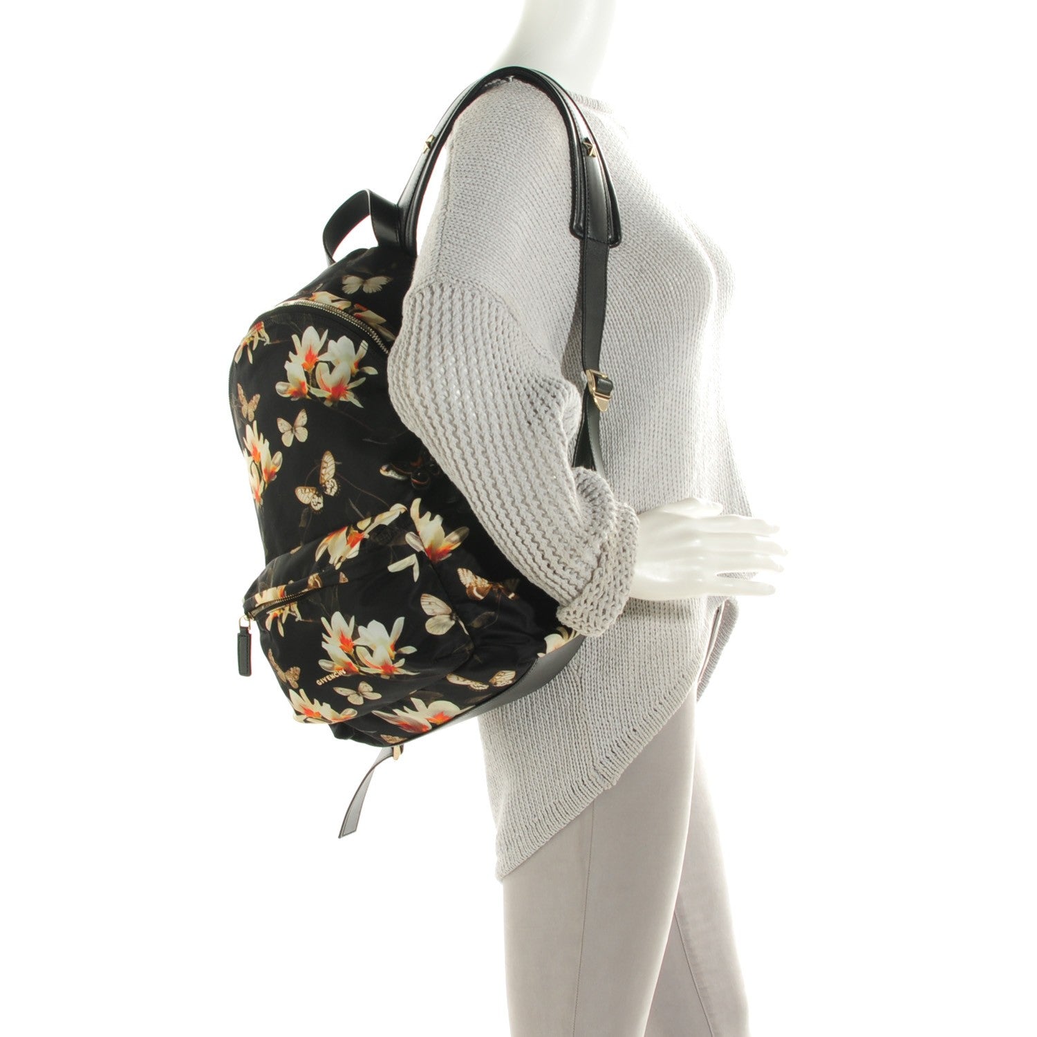 Givenchy Nylon Calfskin Magnolia and Moth Print Backpack Black 2 of 8