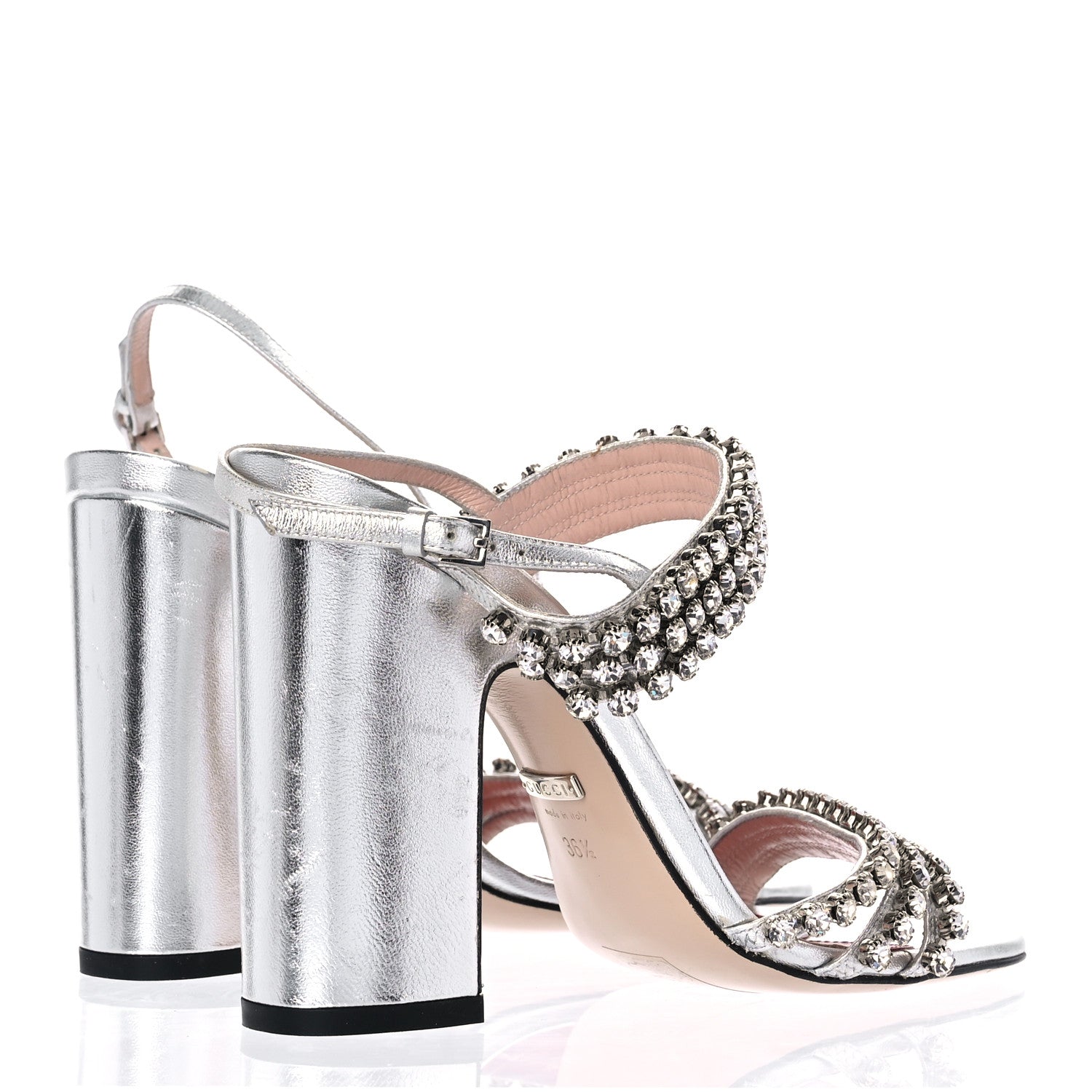 Gucci Nappa Silk Crystal Bertie High Heel Sandals 36.5 Argento 4 of 15