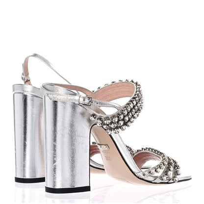 Gucci Nappa Silk Crystal Bertie High Heel Sandals 36.5 Argento 4 of 15