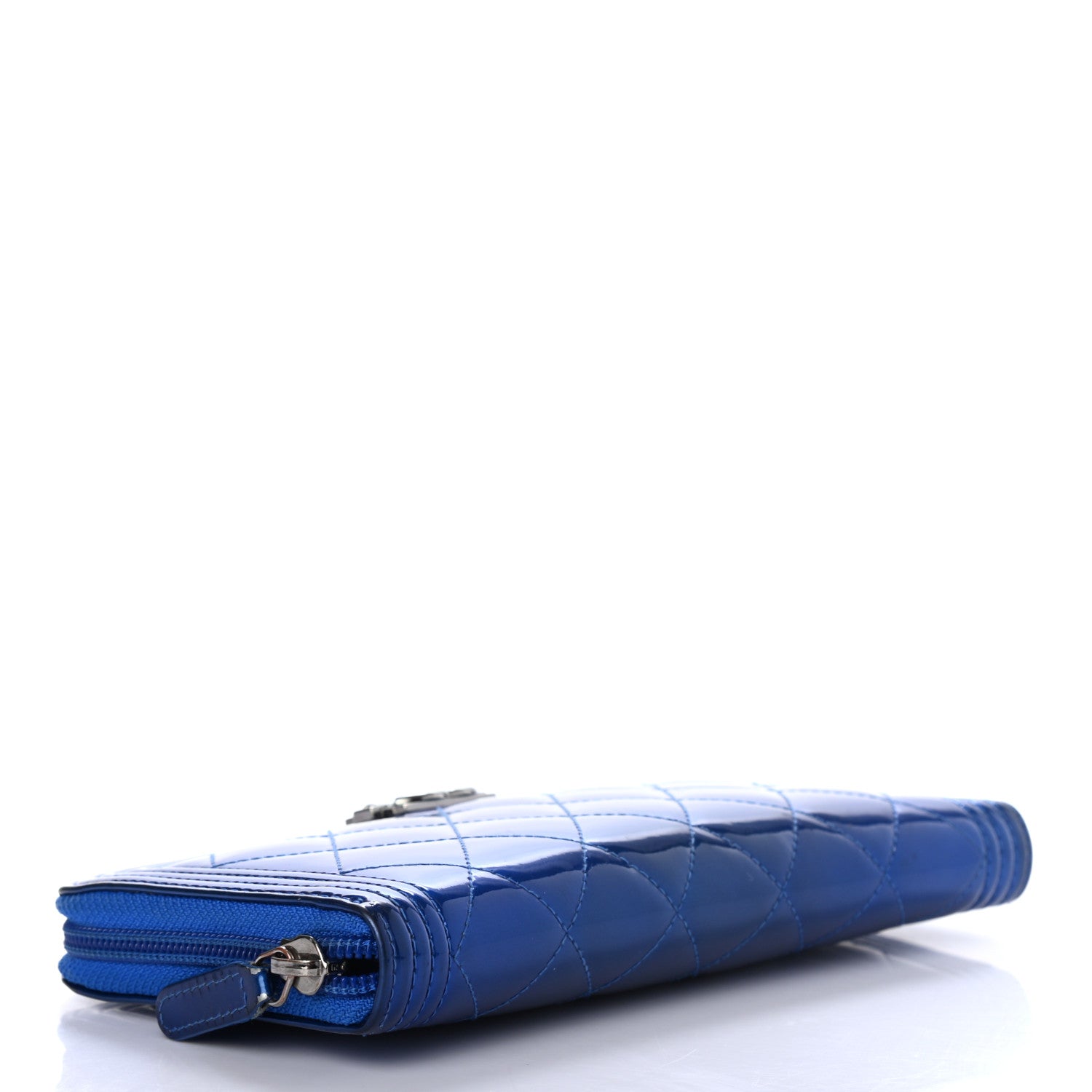 Chanel Metallic Patent Calfskin Quilted Boy L-Gusset Zip Wallet Blue 4 of 10